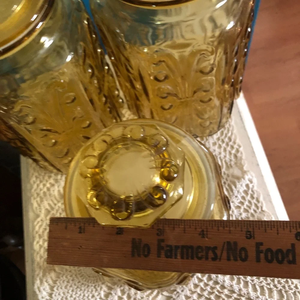 Vintage L.E. Smith IMPERIAL ATTERBURY SCROLL Honey Amber Glass CANISTERS